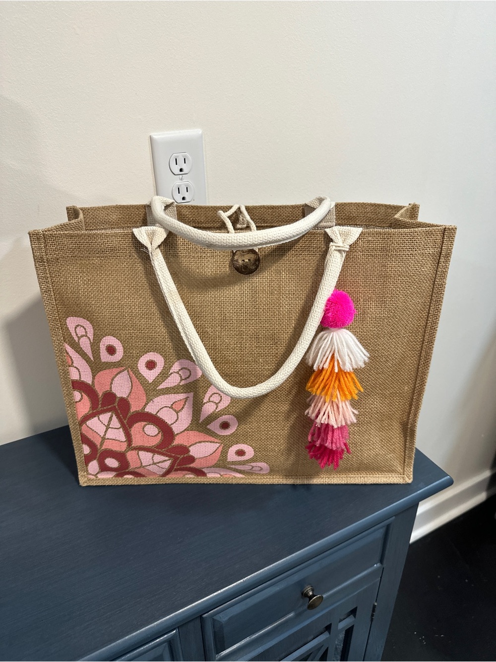 Natural Jute Tote Bag with Pink Floral Accent and Tassel